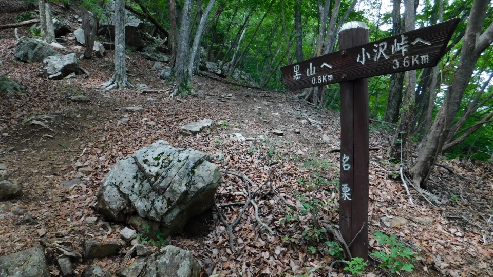 「黒山へ 0.6ｋｍ／小沢峠へ 3.6ｋｍ」地点