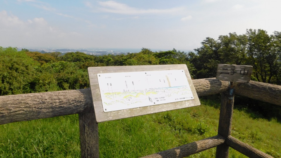 展望台にのぼる。展望案内図と「二子山」表示板。